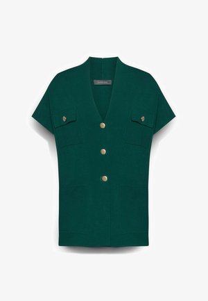 Gilet turchese con maniche corte, scollo a V, bottoni dorati e due tasche sul petto. Realizzato in materiale testurizzato. Design pulito e moderno.