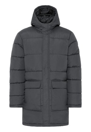 Graue gepolsterte Jacke mit Kapuze, die über gesteppte Abschnitte, zwei Fronttaschen und einen geraden Schnitt verfügt. Glatte Stoffoberfläche.