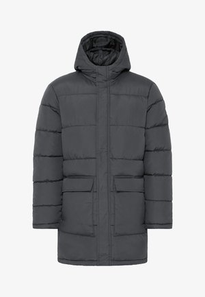 Graue gepolsterte Jacke mit Kapuze, die über gesteppte Abschnitte, zwei Fronttaschen und einen geraden Schnitt verfügt. Glatte Stoffoberfläche.