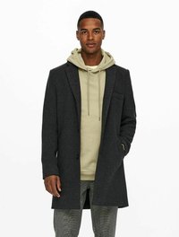Donkergrijze wolmix lange jas met een getailleerde pasvorm, enkel-geknoopt ontwerp en twee voorkezen, gelaagd over een lichtgroene hoodie.