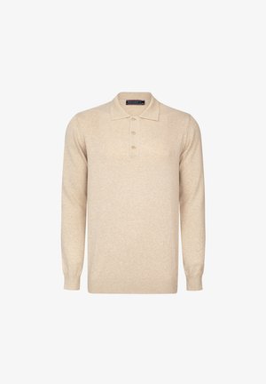 Beige Langarm-Polohemd aus weichem Material. Mit Kragen, Drei-Knopf-Leiste sowie gerippten Bündchen und Saum. Klassisches Design.