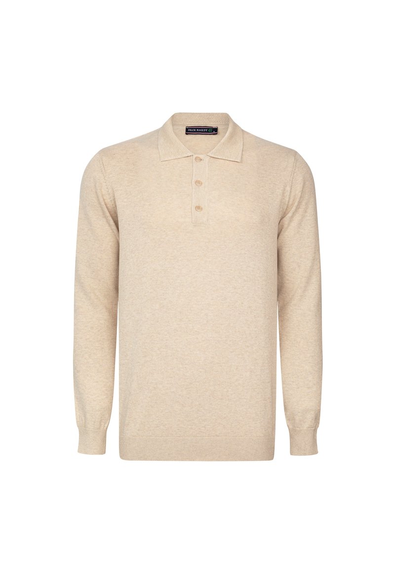 Beige polo-shirt met lange mouwen, gemaakt van zachte stof. Heeft een kraag, een knoopsluiting met drie knopen en ribgebreide manchetten en zoom. Klassiek design.