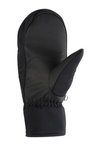 Black insulated mittens with a leather exterior, elastic cuff, and separate thumb section. Smooth texture and fitted design.