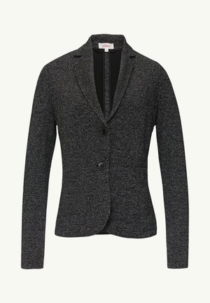 Blazer en noir et blanc texturé avec un bouton unique, deux poches avant et un col cranté avec une coupe ajustée.