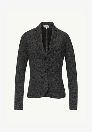 Zwart-witte gestructureerde blazer met een enkele knoopsluiting, twee voorkruiszakken en een gesloten revers met een getailleerde pasvorm.