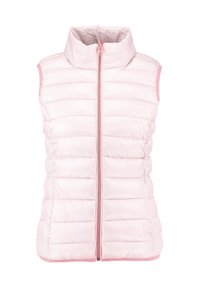 Gepolsterte rosa Weste mit hohem Kragen, Frontreißverschluss und ärmellosem Design. Verfügt über eine glatte Oberfläche und ein horizontal gestepptes Muster.