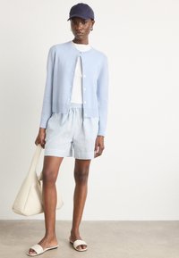Lichtblauwe cardigan met knopen, witte top, gestreepte blauwe shorts, beige slidesandalen en een beige schoudertas. Glad textuur overal.