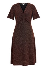 Knä-lång, kortärmad mörkbrun stickad klänning med V-ringning och framvridning vid midjan.