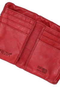 Red genuine leather wallet featuring multiple card slots, RFID protection, and a soft texture. Displays "SUNEZIA" branding.