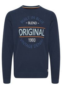 Marineblauwe sweatshirt, gemaakt van katoen, met een ronde hals en lange mouwen, met bedrukt tekst: "BUILT IN BLUE ORIGINAL VINTAGE DENIM 1993."
