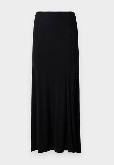 Sort maxiskirt lavet af et glat stof, med en sideslids, elastisk talje og lige snit for et minimalistisk design.
