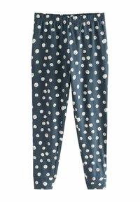 Blaue Leggings aus weichem Material, mit einem weißen gepunkteten Muster, einem elastischen Bund und schmal zulaufenden Säumen an den Knöcheln.