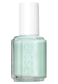 Vernis à ongles vert menthe dans un flacon en verre transparent, surmonté d'un bouchon carré blanc. Présente le nom de la marque en relief sur le côté.