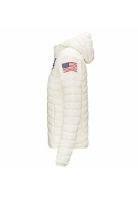 Giacca bianca voluminoso con cappuccio, caratterizzata da una texture trapuntata, toppe con la bandiera americana su entrambe le maniche e tasche laterali con zip.