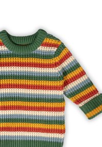 Mehrfarbiger gestrickter Pullover mit einem grünen, gerippten Rundhalsausschnitt. Verfügt über horizontale Streifen in Rot, Gelb, Blau, Creme und Grün. Strukturierter Stoff.