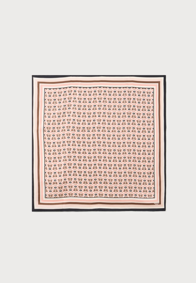 Foulard carré avec motifs floraux et abstraits répétitifs dans des tons doux de rose, beige, marron et noir, avec des bords à plusieurs couches.