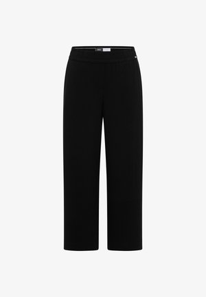 Pantalones negros de pierna ancha con cintura elástica, corte recto y sin bolsillos visibles ni adornos, mostrados sobre un fondo blanco.