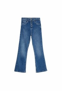 Džínové kalhoty s širokými nohavicemi vyrobené z lehkého modrého denimu. Obsahují zapínání na knoflík, dvě přední kapsy a roztrhané lemy.