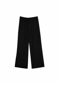 Pantalon noir à jambes larges fabriqué dans un tissu doux et léger. Dispose d'une taille élastique avec un cordon de serrage pour un ajustement réglable. Pas de motifs.
