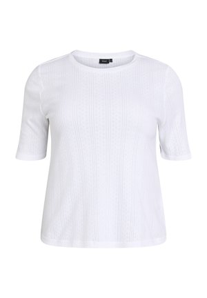 Hvid kortærmet striktop med diskrete lodrette mønstre og en rund halsudskæring, med et lille mærke med mærkenavn på indersiden af kraven.