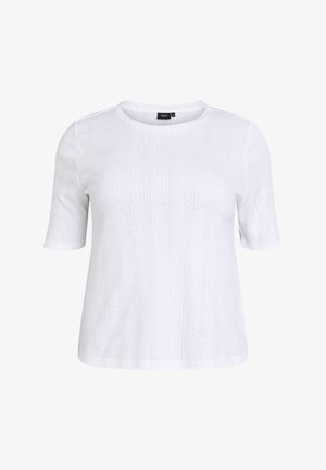 Top bianco a maniche corte in maglia con sottili motivi verticali e scollo rotondo, con una piccola etichetta del marchio all'interno del colletto.