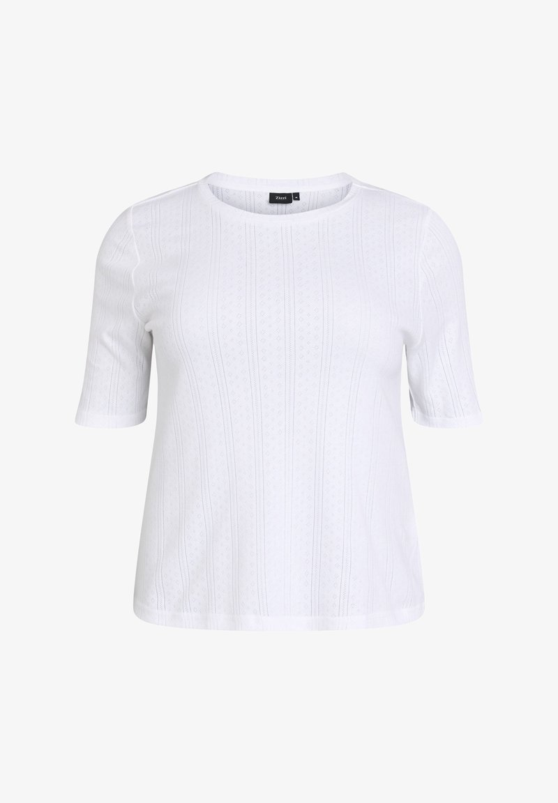 Top de punto blanco de manga corta con sutiles patrones verticales y escote redondo, con una pequeña etiqueta de la marca en el interior del cuello.