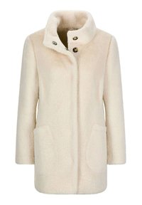 Cremfarbener Mantel mit einer weichen, strukturierten Oberfläche. Mit hohem Kragen, zwei vorderen Taschen und zwei dekorativen Knöpfen am Verschluss.