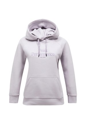 Light purple hooded sweatshirt with front pocket and "Peak Performance Est. 1986" embroidered on chest.