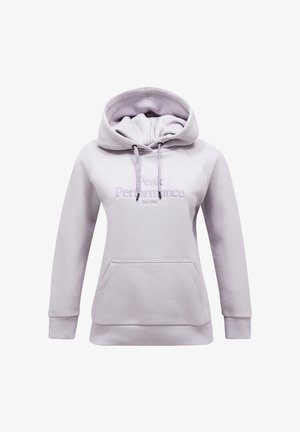 Light purple hooded sweatshirt with front pocket and "Peak Performance Est. 1986" embroidered on chest.