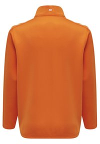 Giacca a pullover arancione con colletto alto, maniche lunghe e una texture liscia. Presenta un piccolo logo bianco nella parte posteriore del colletto.