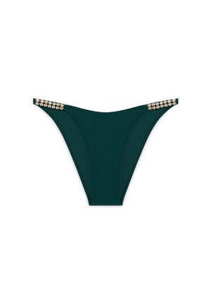 Teal bikini bottom made of smooth fabric, featuring decorative gold-tone accents with clear gems at the sides and a minimalistic design.
