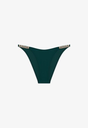 Teal bikini bottom made of smooth fabric, featuring decorative gold-tone accents with clear gems at the sides and a minimalistic design.