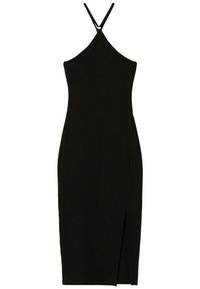 Robe noire à col licou en tissu côtelé. Coupe ajustée avec une fente latérale et des bretelles fines. Silhouette simple et épurée sans ornements.