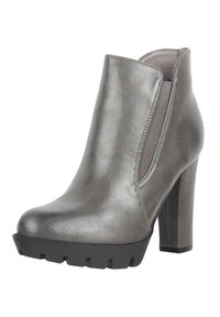 Botas de tobillo de cuero gris con una suela gruesa negra, paneles laterales elásticos y un tacón alto, que cuentan con una textura suave y un diseño de punta redondeada.