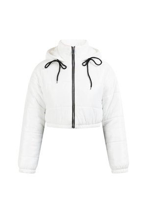 Valge lühendatud puffertagi, millel on kapuuts, mustad tõmbetringid ja eesne luku sulgur. Omab tikkpinda ja elastseid mansette.