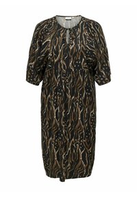 Rochie neagră cu o croială lejeră, având un model de linii abstracte în nuanțe de maro și crem. Mâneci scurte, bufante și un detaliu de talie strânsă.