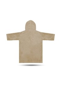 Tan oversized hoodie with a hood and wide sleeves, made of soft, textured fabric. Smooth surface with no visible patterns or accents.