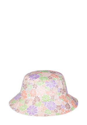 Bloemenemmerhoed van zacht stof, met een pastelkleurig patroon van oranje, paarse en groene bloemen op een lichte achtergrond.