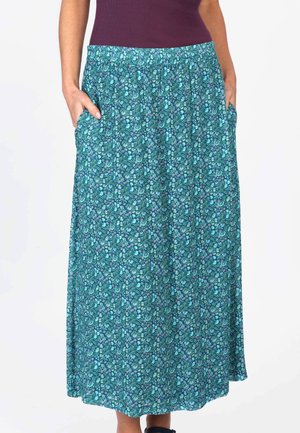 Maxi-Rock aus türkisfarbenem Stoff mit einem floralen Muster in Blau und Pink, elastischem Bund und seitlichen Taschen. Glatte Textur.