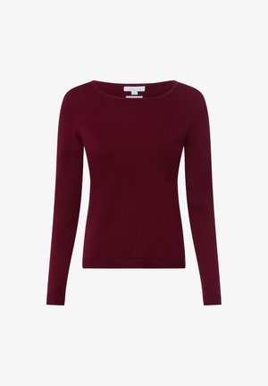 Maglione bordeaux a manica lunga con scollo rotondo. Realizzato in morbido tessuto a maglia, con polsini e orlo a coste. Design semplice e classico.