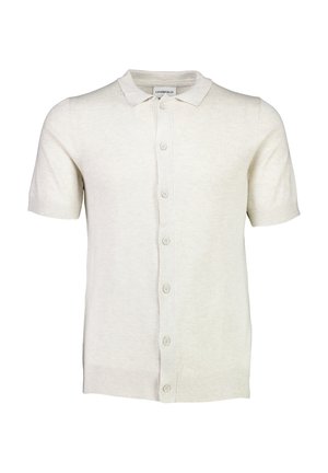 Kurzärmeliger, beiger Cardigan aus weichem Stoff, mit einer durchgehenden Knopfleiste und gerippten Bündchen sowie Saum. Einfaches Design mit subtiler Textur.