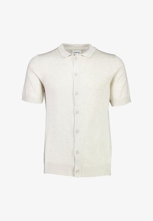 Kurzärmeliger, beiger Cardigan aus weichem Stoff, mit einer durchgehenden Knopfleiste und gerippten Bündchen sowie Saum. Einfaches Design mit subtiler Textur.