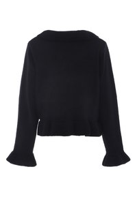 Maglione corto nero con scollatura a costine, orlo arricciato e maniche a campana. Texture a maglia spessa, design minimalista e maniche lunghe.