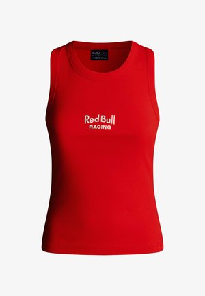 Rotes ärmelloses, geripptes Tanktop mit "Red Bull Racing" in Weiß auf der Vorderseite gestickt, Kollaborationsetikett innen im Nacken.