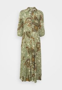 Vestito lungo con colletto in tessuto verde chiaro, decorato con motivi paisley in marrone e crema. Maniche a tre quarti e chiusura con bottoni.