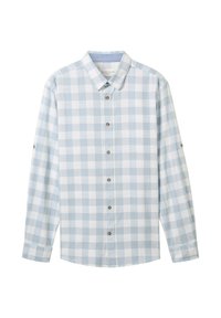 Chemise à manches longues à carreaux bleu clair et blanc avec un col boutonné, présentant des boutons marron et des manches retroussables pour une longueur ajustable.