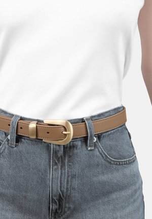 Tan leather belt with a gold-tone metal buckle. Worn over blue denim jeans. Visible stitching and belt loop attachment detail.
