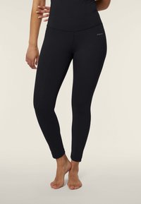 Leggings negros de material elástico, que cuentan con una cinturilla alta y un diseño ajustado. Textura suave sin patrones o acentos visibles.