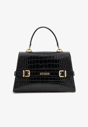 Svart syntetisk handväska med krokodilmönster, guldfärgade metalldetaljer och en strukturerad form. Har ett kort handtag och ett varumärkeslogo.