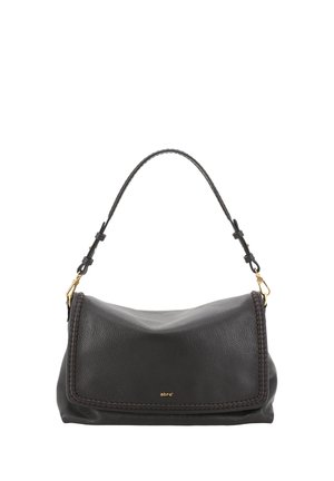 Black leather shoulder bag with single strap and gold-tone hardware, featuring a flap closure and textured finish.